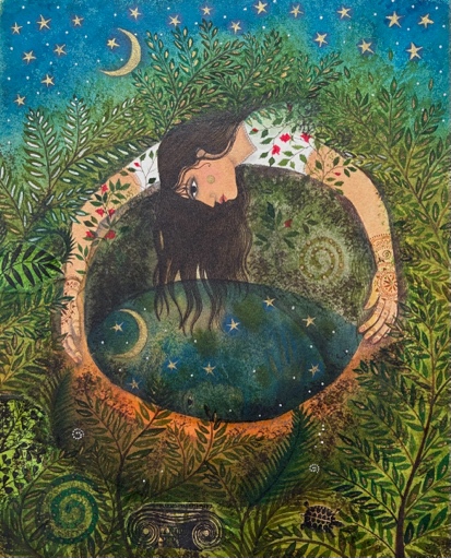 A girl gazing into a starlit pool surrounded by ferns — Jane Ray illustration