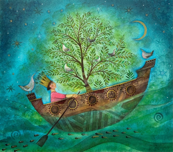 Boy rowing a boat carrying a tree under a crescent moon — Jane Ray illustration